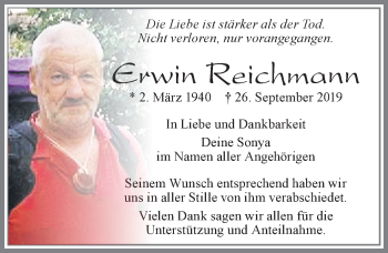 Traueranzeige von Erwin Reichmann von Allgäuer Zeitung, Füssen