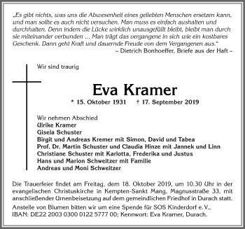 Traueranzeige von Eva Kramer von Allgäuer Zeitung,Kempten