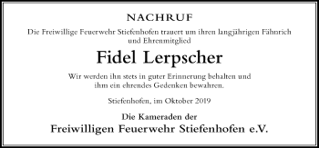 Traueranzeige von Fidel Lerpscher von Der Westallgäuer