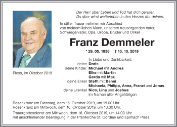 Traueranzeige von Franz Demmeler von Memminger Zeitung