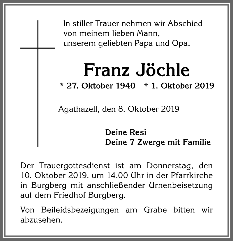  Traueranzeige für Franz Jöchle vom 08.10.2019 aus Allgäuer Anzeigeblatt