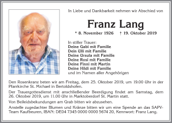 Traueranzeige von Franz Lang von Allgäuer Zeitung, Marktoberdorf