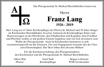 Traueranzeige von Franz Lang von Allgäuer Zeitung, Marktoberdorf