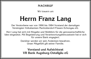 Traueranzeige von Franz Lang von Allgäuer Zeitung, Marktoberdorf