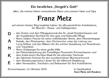 Traueranzeige von Franz Metz von Allgäuer Zeitung, Kaufbeuren/Buchloe