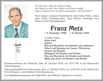 Traueranzeige von Franz Metz von Allgäuer Zeitung, Kaufbeuren/Buchloe