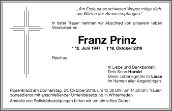 Traueranzeige von Franz Prinz von Allgäuer Zeitung