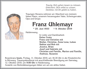 Traueranzeige von Franz Uhlemayr von Allgäuer Zeitung