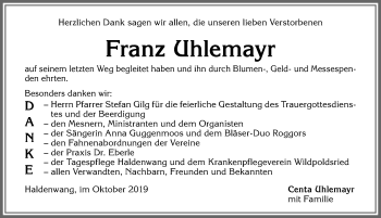Traueranzeige von Franz Uhlemayr von Allgäuer Zeitung,Kempten