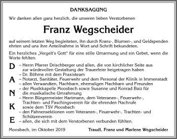 Traueranzeige von Franz Wegscheider von Allgäuer Zeitung,Kempten