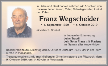 Traueranzeige von Franz Wegscheider von Allgäuer Zeitung,Kempten
