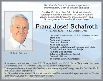 Traueranzeige von Franz Josef Schafroth von Allgäuer Zeitung, Kaufbeuren/Buchloe