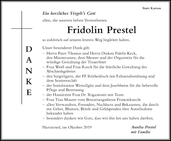 Traueranzeige von Fridolin Prestel von Der Westallgäuer