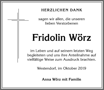Traueranzeige von Fridolin Wörz von Allgäuer Zeitung, Kaufbeuren/Buchloe