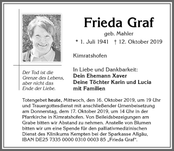 Traueranzeige von Frieda Graf von Allgäuer Zeitung,Kempten