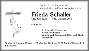 Traueranzeige von Frieda Schaller von Allgäuer Zeitung, Kaufbeuren/Buchloe