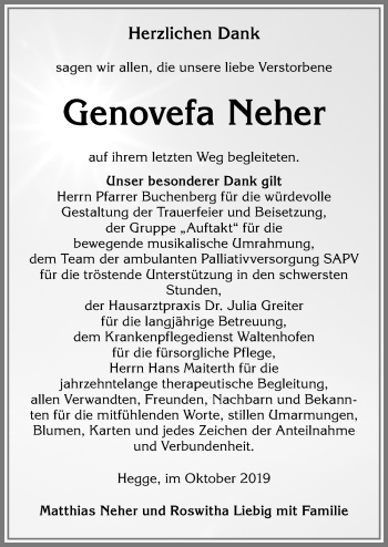 Traueranzeige von Genovefa Neher von Allgäuer Zeitung,Kempten