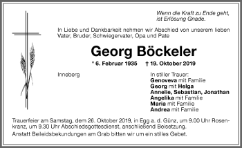 Traueranzeige von Georg Böckeler von Memminger Zeitung