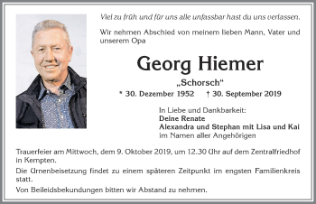 Traueranzeige von Georg Hiemer von Allgäuer Zeitung,Kempten