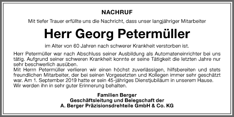  Traueranzeige für Georg Petermüller vom 26.10.2019 aus Memminger Zeitung
