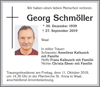 Traueranzeige von Georg Schmöller von Allgäuer Zeitung, Kaufbeuren/Buchloe