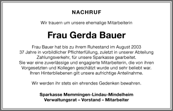 Traueranzeige von Gerda Bauer von Memminger Zeitung