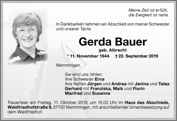 Traueranzeige von Gerda Bauer von Memminger Zeitung