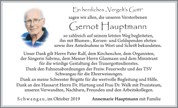 Traueranzeige von Gernot Hauptmann von Allgäuer Zeitung, Füssen