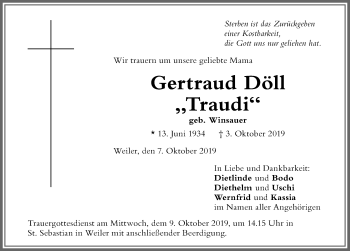 Traueranzeige von Gertraud Döll von Der Westallgäuer