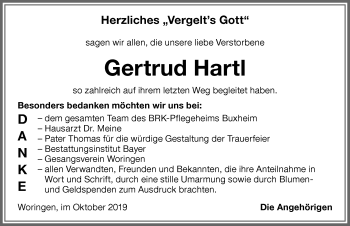 Traueranzeige von Gertrud Hartl von Memminger Zeitung