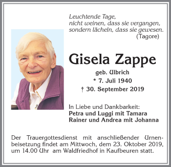 Traueranzeige von Gisela Zappe von Allgäuer Zeitung, Kaufbeuren/Buchloe