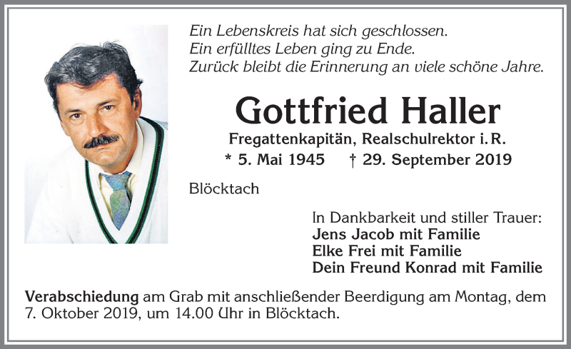  Traueranzeige für Gottfried Haller vom 05.10.2019 aus Allgäuer Zeitung