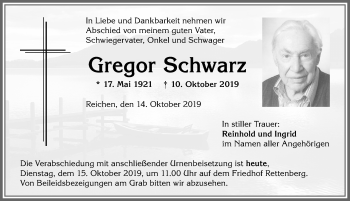 Traueranzeige von Gregor Schwarz von Allgäuer Anzeigeblatt