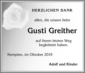 Traueranzeige von Gusti Greither von Allgäuer Zeitung,Kempten
