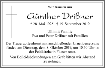 Traueranzeige von Günther Drißner von Allgäuer Zeitung, Füssen