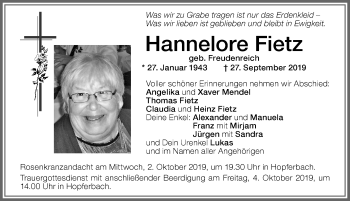 Traueranzeige von Hannelore Fietz von Allgäuer Zeitung