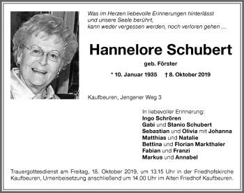 Traueranzeige von Hannelore Schubert von Allgäuer Zeitung, Kaufbeuren/Buchloe
