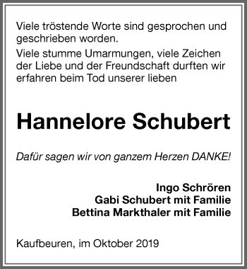 Traueranzeige von Hannelore Schubert von Allgäuer Zeitung, Kaufbeuren/Buchloe