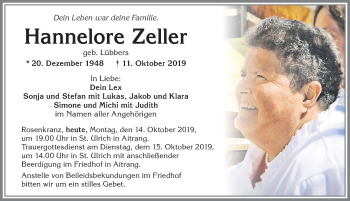 Traueranzeige von Hannelore Zeller von Allgäuer Zeitung, Marktoberdorf