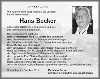 Traueranzeige von Hans Becker von Allgäuer Anzeigeblatt