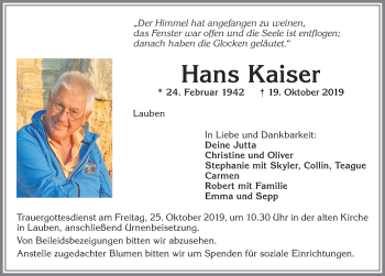 Traueranzeige von Hans Kaiser von Allgäuer Zeitung,Kempten