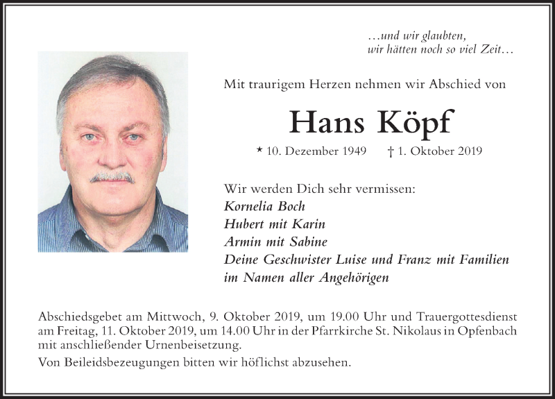  Traueranzeige für Hans Köpf vom 08.10.2019 aus Der Westallgäuer