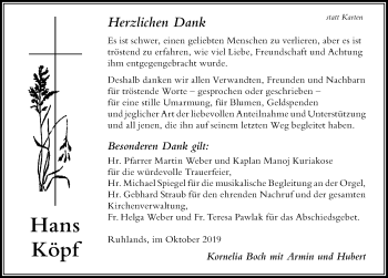 Traueranzeige von Hans Köpf von Der Westallgäuer