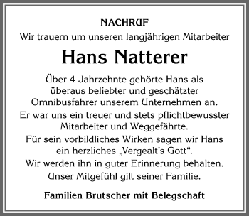 Traueranzeige von Hans Natterer von Allgäuer Anzeigeblatt