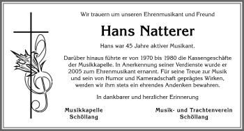 Traueranzeige von Hans Natterer von Allgäuer Anzeigeblatt