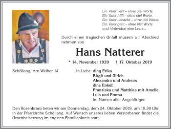Traueranzeige von Hans Natterer von Allgäuer Anzeigeblatt