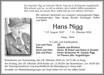 Traueranzeige von Hans Nigg von Allgäuer Zeitung