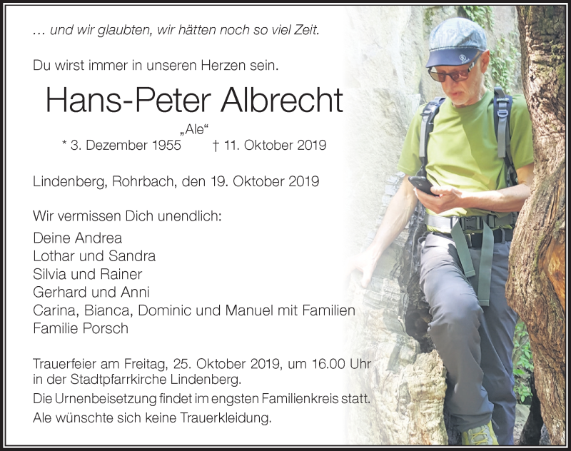  Traueranzeige für Hans-Peter Albrecht vom 19.10.2019 aus Der Westallgäuer