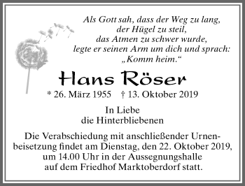 Traueranzeige von Hans Röser von Allgäuer Zeitung, Marktoberdorf