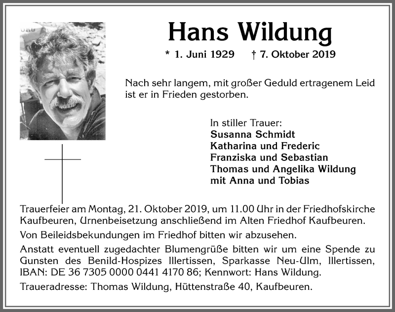 Traueranzeige für Hans Wildung vom 16.10.2019 aus Allgäuer Zeitung, Kaufbeuren/Buchloe
